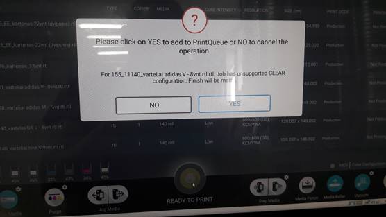 Warning when loading an RTL on VUTEk H3/H5: Job has unsupported CLEAR ...