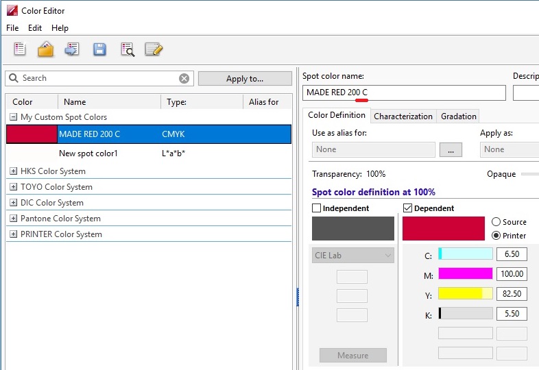 The spot color library, .CXF file is not being used to change the color