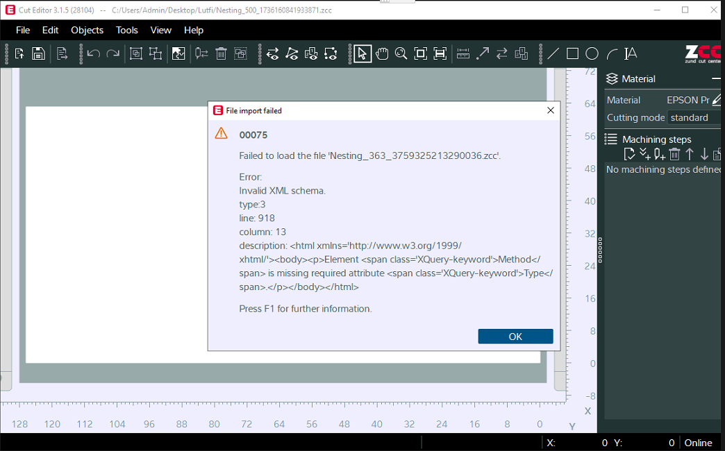 Fiery XF generated ZCC files cannot be opened on the Zund Cut center, error Invalid XML Schema.