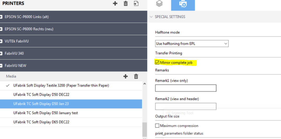"Mirror complete job" function not working on FabriVU with Fiery XF.