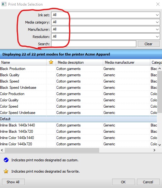 Filtering print modes within a queue