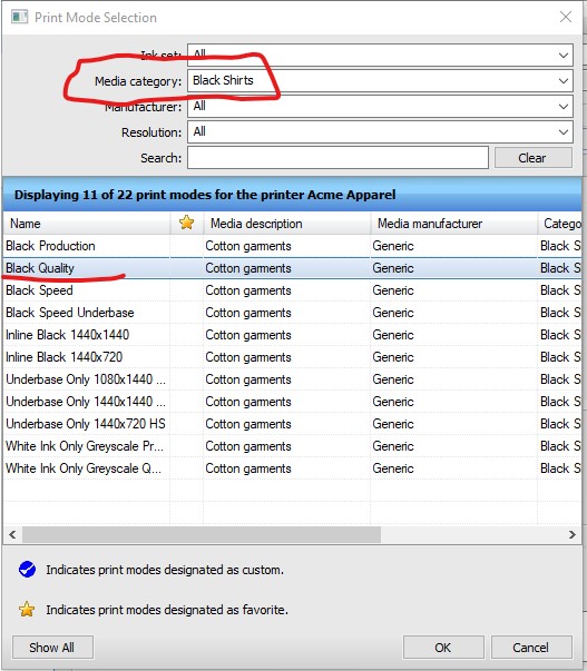 Filtering print modes within a queue