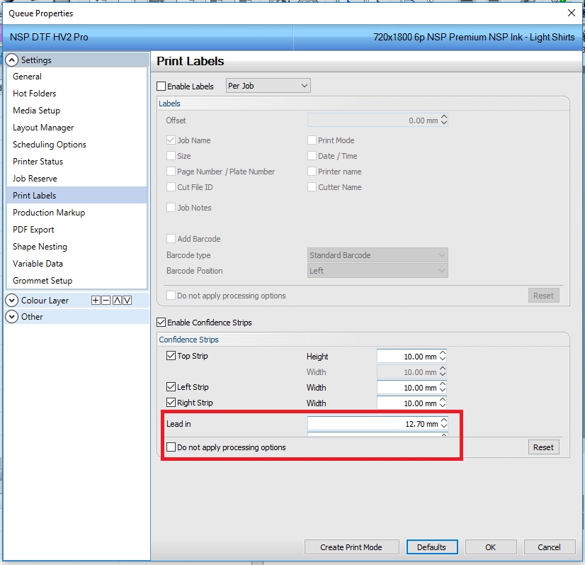 Confidence Strips, X offset not visible in the Queue Properties > Print ...