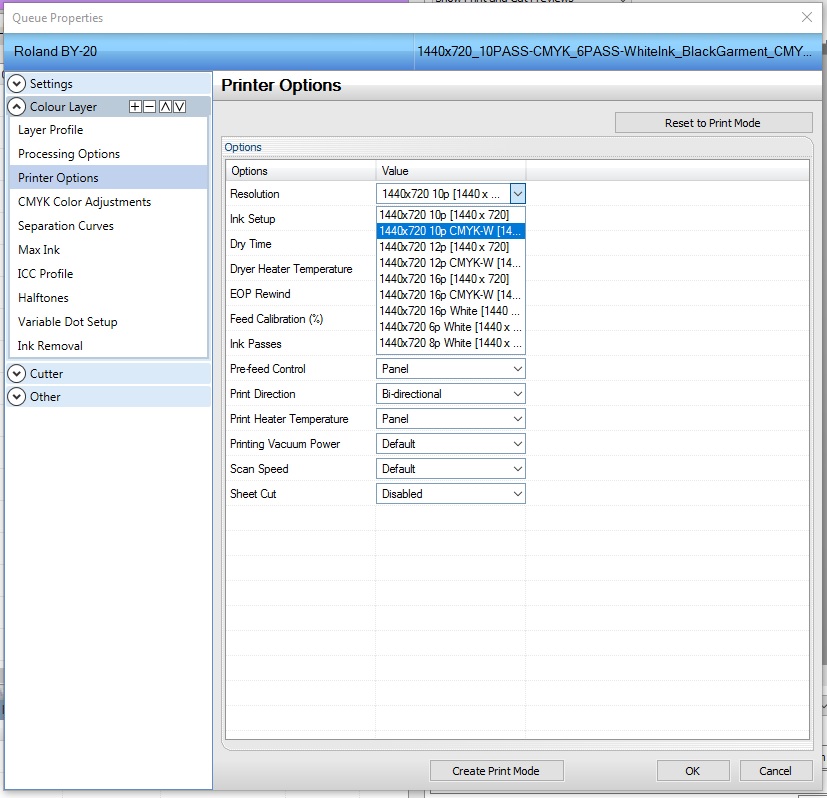 How to create a new Print Mode to allow printing of CMYK and White Ink ...