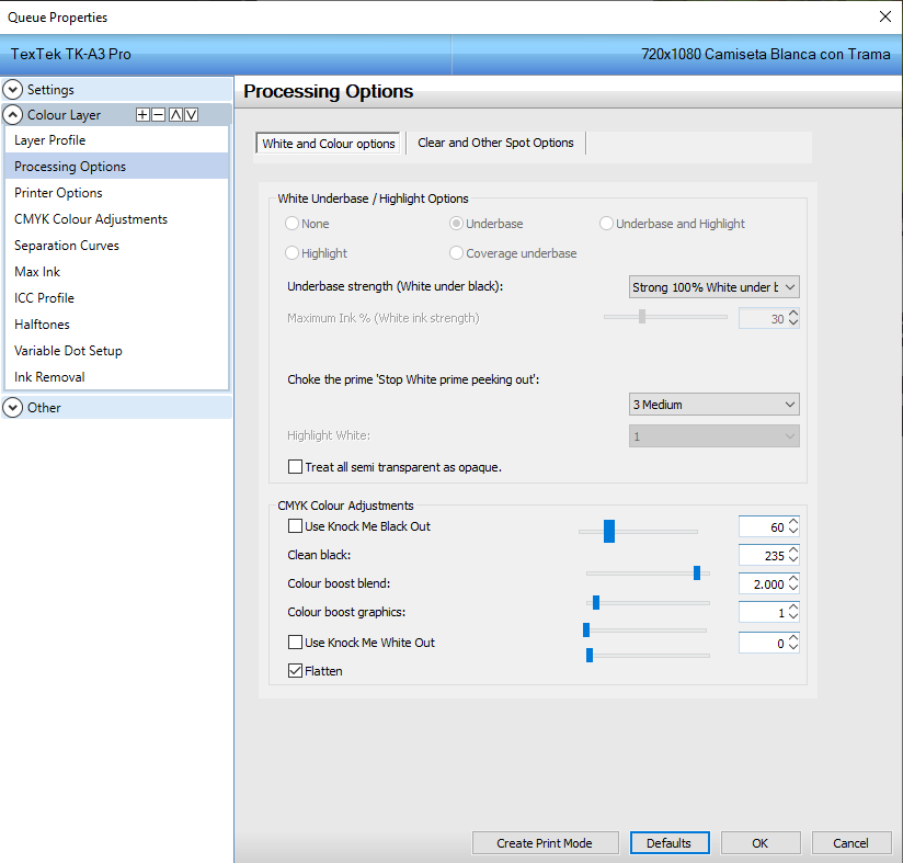 Processing Options are Greyed out and underbase option cannot be selected.