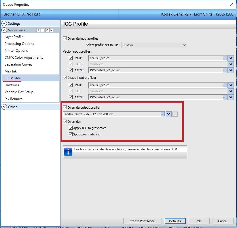 Why are not all ICC profile options shown in the Queue properties of a ...