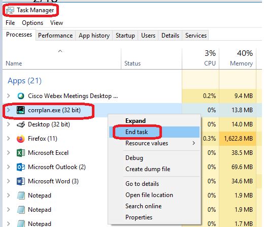 How to exit corrplan via windows task mananger