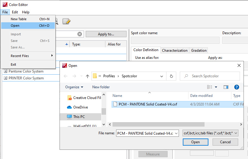 Is a.cxf file from Pantone Color Manager recognized by Fiery XF