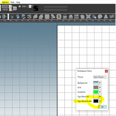 How to remove the borderline that shows around the blank size in SignLab?