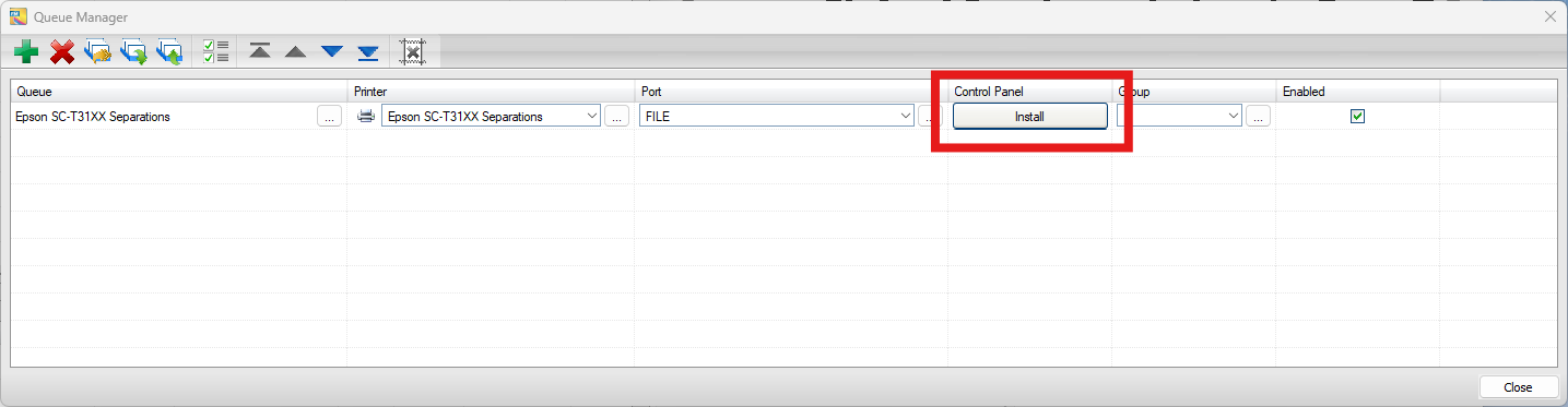 What is the Control Panel > Install button for in Queue Manager
