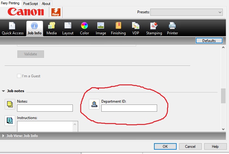 Where do you set department ID when printing to a Canon connected Fiery ...