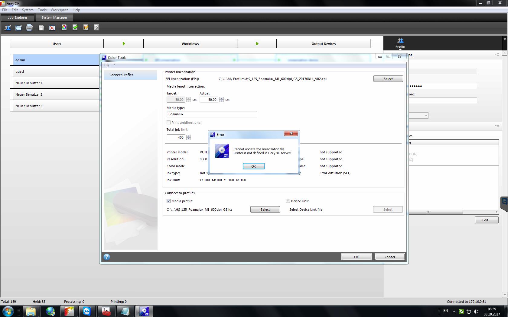 Profile Connector error "Cannot update the linearization file