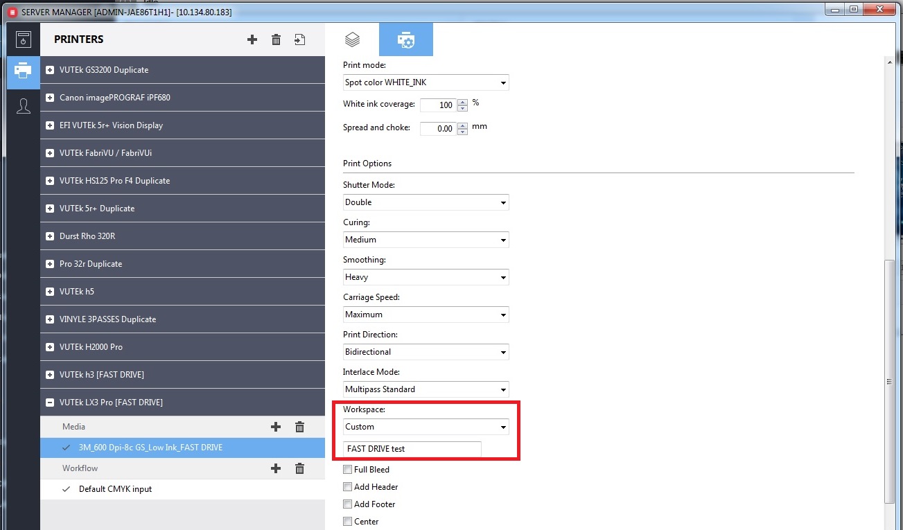 Where can I define the Workspace for IP printing to an EFI VUTEk printer?